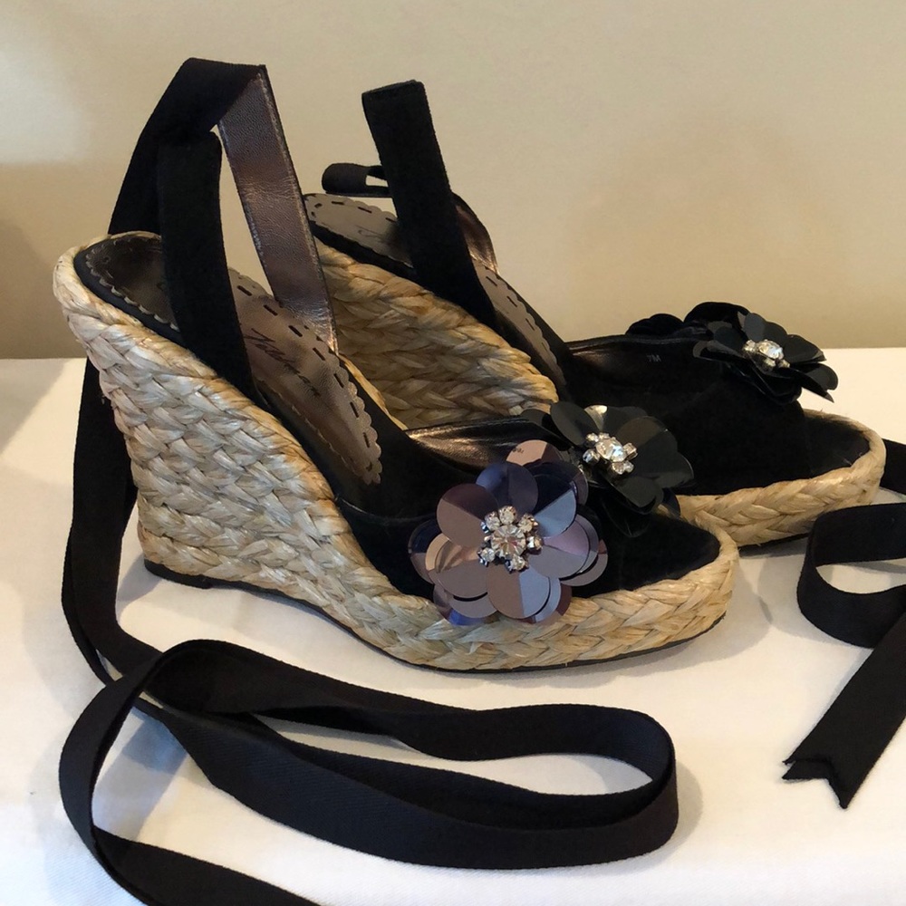 Black Espadrille Wedge Sandals by Beverly Feldman size 7